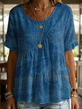 Gradient Geometric Line Ripple Decorative Pattern Women's Round Collar Short Sleeve Cotton Shirt