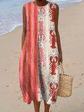 Women's Vintage Lobster Art Print Sleeveless Cotton Pocket Wrap Dress