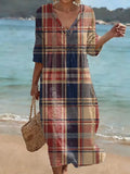 Retro Plaid Print Cutout V-neck Vacation Dress