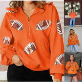 Women's Oversized Game Day Hoodie - Lady's Casual Longsleeves Top, Half-Zip Pullover with Sequins Football Print, Kangaroo Pocket, Women's Clothes Sweatshirt,summerwins,back to school,back to school shopping