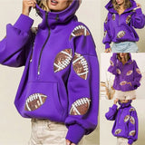 Women's Oversized Game Day Hoodie - Lady's Casual Longsleeves Top, Half-Zip Pullover with Sequins Football Print, Kangaroo Pocket, Women's Clothes Sweatshirt,summerwins,back to school,back to school shopping