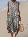 Women's Vintage Floral Art Print Sleeveless Cotton Pocket Wrap Dress
