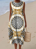 Women's Vintage Pattern Art Print Sleeveless Cotton Pocket Wrap Dress