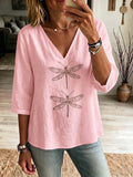 Boho Dragonfly-print Cozy V-neck Cotton-linen Shirt