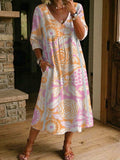 Women's Flower Print Casual Loose-fit Cotton-linen Dress With Lace Trim And Paneling