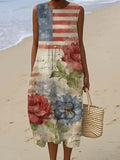Women's Vintage Floral Independence Day Art Print Sleeveless Cotton Pocket Wrap Dress