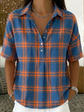 Casual Plaid Polo Collar Short-sleeved Linen And Cotton Shirt