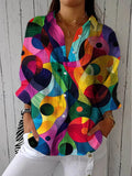 Women's Abstract Geometric Pattern Art Print Casual Cotton Linen V-neck Shirt