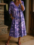 Women's Flower Print Casual Loose-fit Cotton-linen Dress With Lace Trim And Paneling