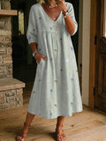 Women's Flower Bees Print Casual Loose-fit Cotton-linen Dress With Lace Trim And Paneling