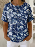 Women's Vintage Flower Pattern Printed Cotton Linen Top