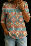 Women’s Vintage Aztec Geometric Print Half Sleeve Henley Cotton Top