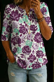 Women’s Purple Floral Print Half Sleeve Henley Cotton Top
