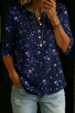 Women’s Navy Starry Floral Print Half Sleeve Henley Cotton Blend Top