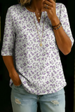 Women’s White Purple Ditsy Floral Print Half Sleeve Henley Cotton Blend Top
