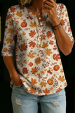 Women’s Pumpkin Maple Leaf Print Half Sleeve Henley Cotton Blend Top