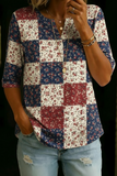Women’s Navy Burgundy Patchwork Floral Print Half Sleeve Henley Cotton Blend Top