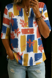Women’s Color Block Floral Print Half Sleeve Henley Cotton Blend Top