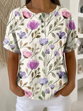 Women's Vintage Flower Pattern Printed Cotton Linen Top