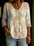 Retro And Elegant Floral Decorative Pattern Women's Long Sleeve Cotton Linen Shirt