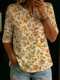 Women's Vintage Floral Print, Henley Collar, Mid-sleeve, Loose-fit Cotton-linen Shirt
