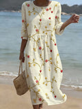 Women's Casual Solid Color Round Neck Mid-Sleeve Floral Print Cotton Linen Dress