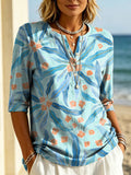 Women's Floral Pattern Art Print Casual Classic Henley Collar 100% Cotton T-shirt