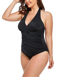 Black V-Neck Halter One Piece Swimsuit