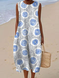 Women's Vintage Abstract Geometric Art Print Sleeveless Cotton Pocket Wrap Dress