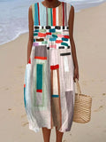 Women's Vintage Abstract Geometric Art Print Sleeveless Cotton Pocket Wrap Dress