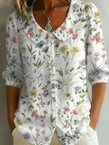 Women's Floral Art Print Casual Stylish Cotton Linen Shirt