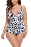 Black Flower V-neck Loop Strap Tankini Set