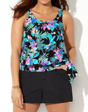 Blue Flower Print Side Tie Blouson Tankini With Cargo Short