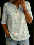 Women's Vintage Floral Print, Henley Collar, Mid-sleeve, Loose-fit Cotton-linen Shirt
