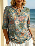 Women's Floral Pattern Art Print Casual Classic Henley Collar 100% Cotton T-shirt
