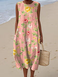 Women's Vintage Art Flower Print Sleeveless Cotton Pocket Wrap Dress