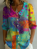 Women's Floral Art Print Casual Stylish Cotton Linen Shirt