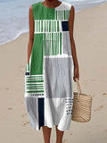Women's Abstract Geometric Pattern Art Print Sleeveless Cotton Pocket Wrap Dress
