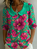 Women's Floral Art Print Casual Stylish Cotton Linen Shirt