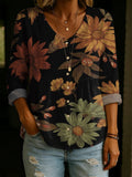 Retro Floral Decorative Pattern Women's Long Sleeve Cotton Linen Shirt