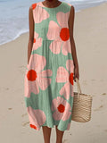 Women's Lovely Floral Pattern Art Print Sleeveless Cotton Pocket Wrap Dress