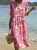 Women's Casual Solid Color Round Neck Mid-Sleeve Floral Print Cotton Linen Dress