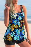 Blue Floral Double Straps Plus Size Tankini Set