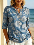 Women's Floral Pattern Art Print Casual Classic Henley Collar 100% Cotton T-shirt