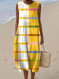Women's Colorful Geometric Plaid Art Print Sleeveless Cotton Pocket Wrap Dress