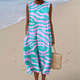 Women's Vintage Color Block Line Art Print Sleeveless Cotton Pocket Wrap Dress