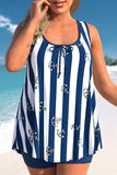 Striped Navy Blue Bowknot Plus Size Tankini Set