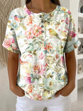 Women's Flower Pattern Printed Cotton Linen Top