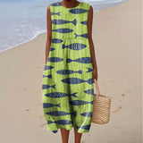 Women's Vintage Fish Art Print Sleeveless Cotton Pocket Wrap Dress