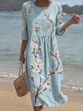 Women's Casual Round Neck Mid Sleeve Print Cotton and Linen Dress